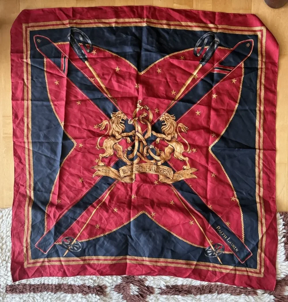 VTG Ralph Lauren Red Blue Silk Lion Crest Gold Ski Poles 34” Scarf
